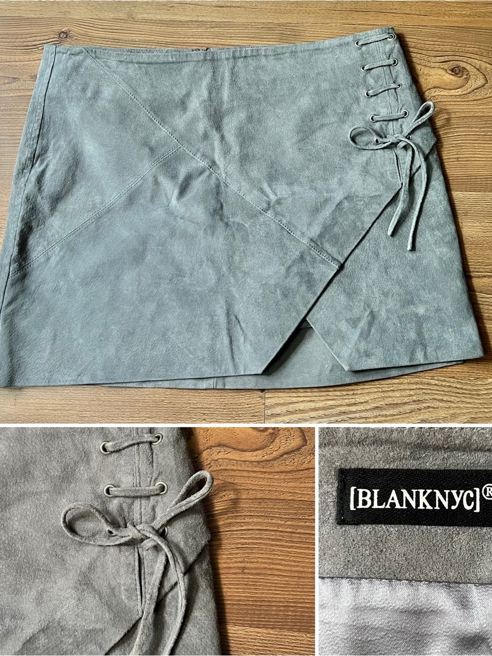 Blank NYC gray suede leather mini skirt with side laces, back zip, size 29